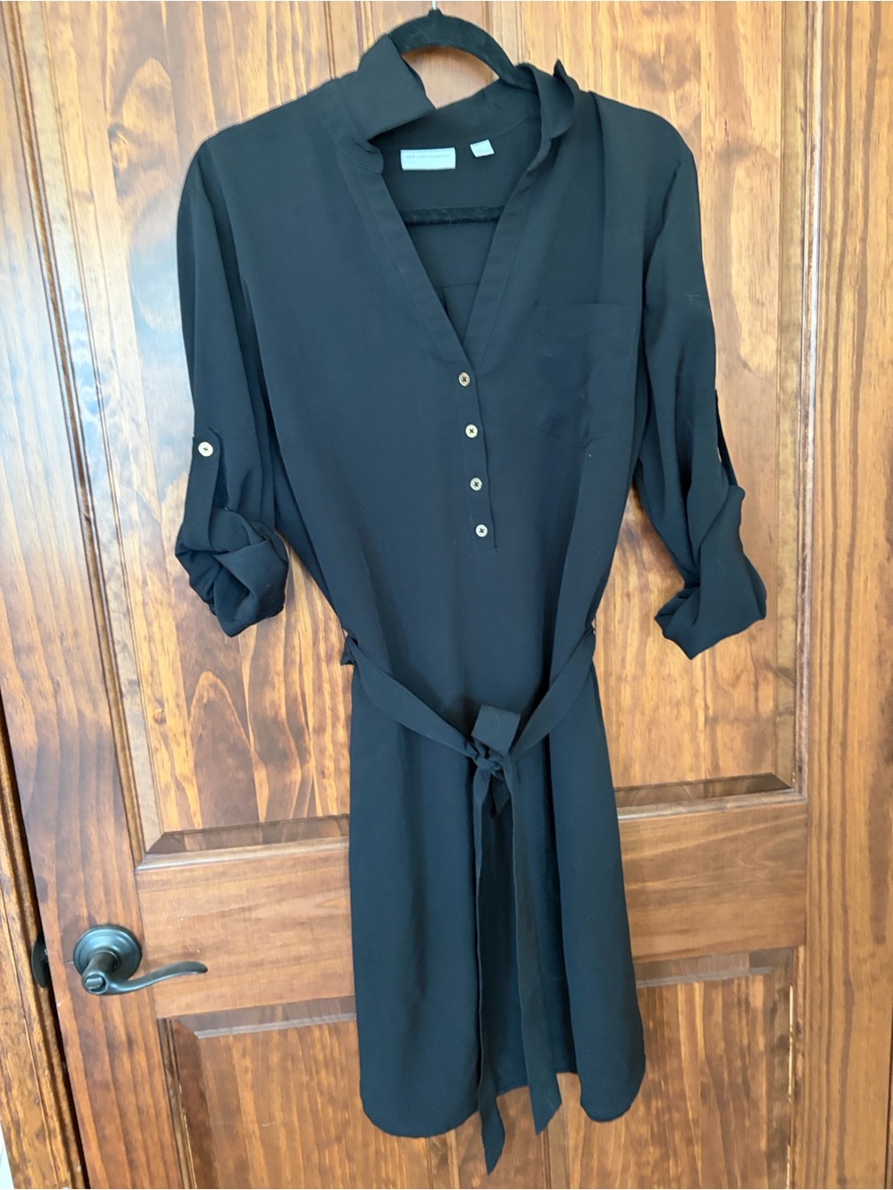 New York & Company Black Button-Front Tie Waist Shirt Dress